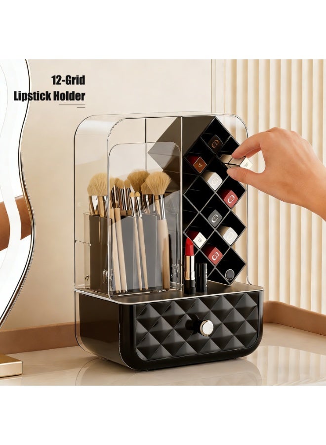 Makeup Organizer with Drawer and Brush Holder, Countertop Tilt Open Design Makeup Brush Holder with Lipstick Holder and Bottom Drawer, Cosmetic Organizer for Vanity Bathroom Countertop Office Home - Image 3